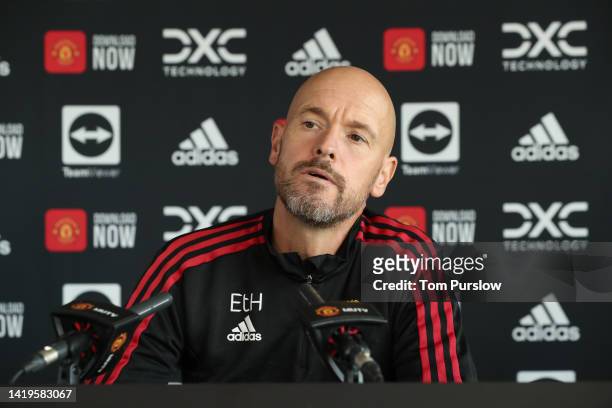 Manager Erik ten Hag of Manchester United speaks during a press conference at Carrington Training Ground on August 31, 2022 in Manchester, England.
