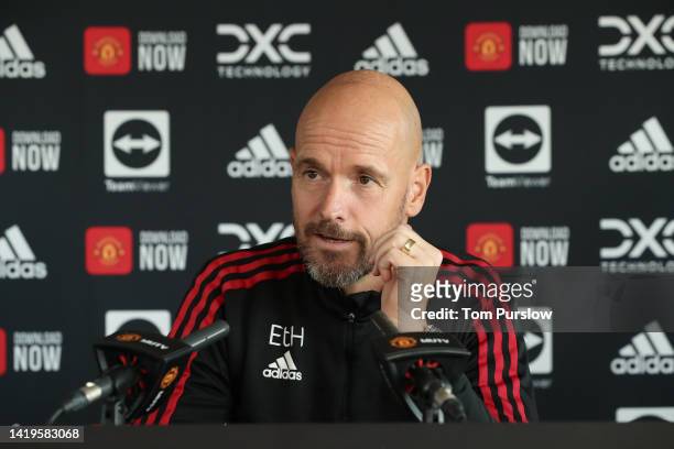 Manager Erik ten Hag of Manchester United speaks during a press conference at Carrington Training Ground on August 31, 2022 in Manchester, England.