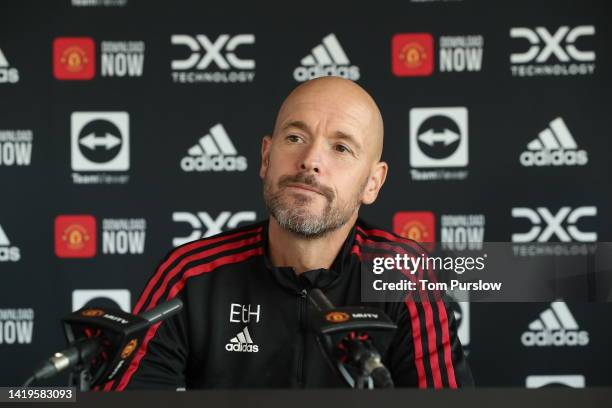 Manager Erik ten Hag of Manchester United speaks during a press conference at Carrington Training Ground on August 31, 2022 in Manchester, England.