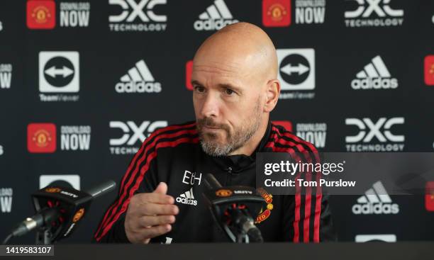 Manager Erik ten Hag of Manchester United speaks during a press conference at Carrington Training Ground on August 31, 2022 in Manchester, England.