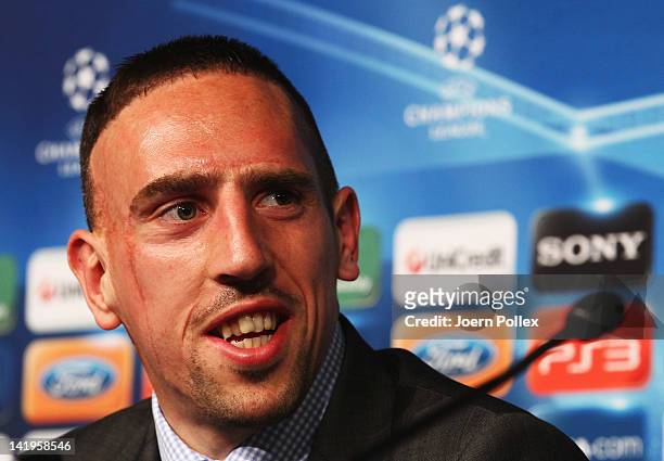 Franck Ribery attends a Bayern Muenchen press conference ahead of their UEFA Champions League Round of 8 first leg match against Olympique Marseille...