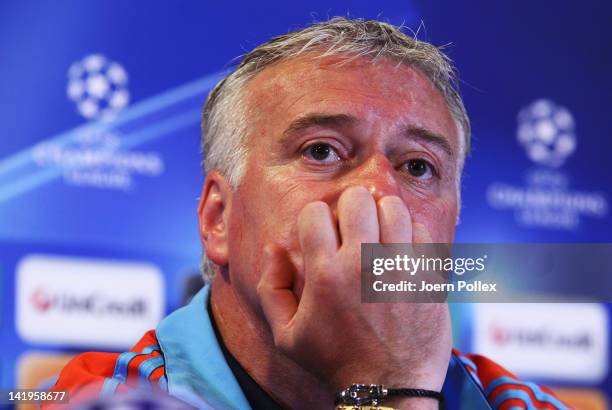 Head coach Didier Deschamps attends a press conference ahead of their UEFA Champions League Round of 8 first leg match against Bayern Muenchen on...