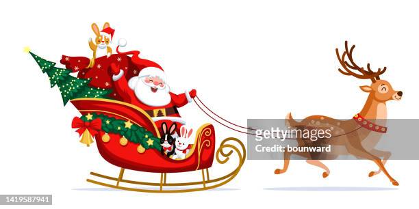 santa claus on a sleigh background - cartoon santa claus 幅插畫檔、美工圖案、卡通及圖標