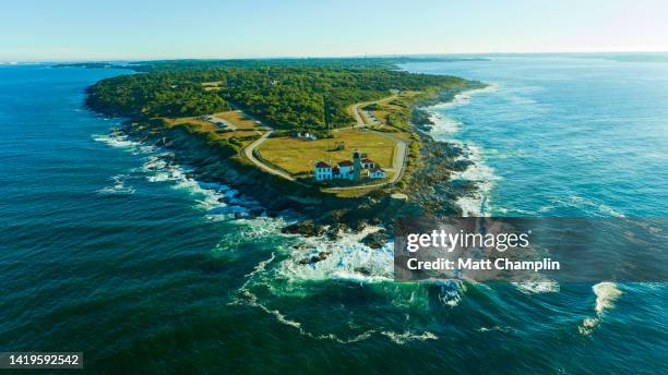 aerial of beavertail lighthouse jamestown rhode island - newport rhode island stock pictures, royalty-free photos & images