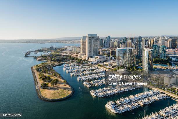 aerial san diego embarcadero marina park - san diego imagens e fotografias de stock