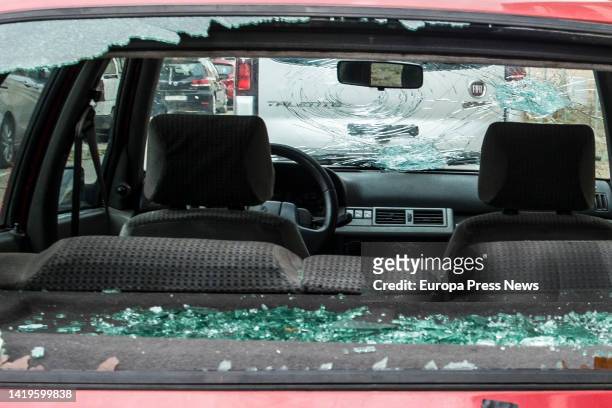 The window of a broken vehicle, as a consequence of the hail storm, on 31 August, 2022 in La Bisbal d'Emporda, Girona, Catalonia, Spain. Until early...