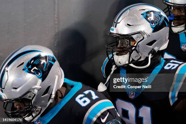 Stephen Weatherly of the Carolina Panthers takes the field before an NFL game against the Atlanta Falcons at Bank of America Stadium Stadium on...