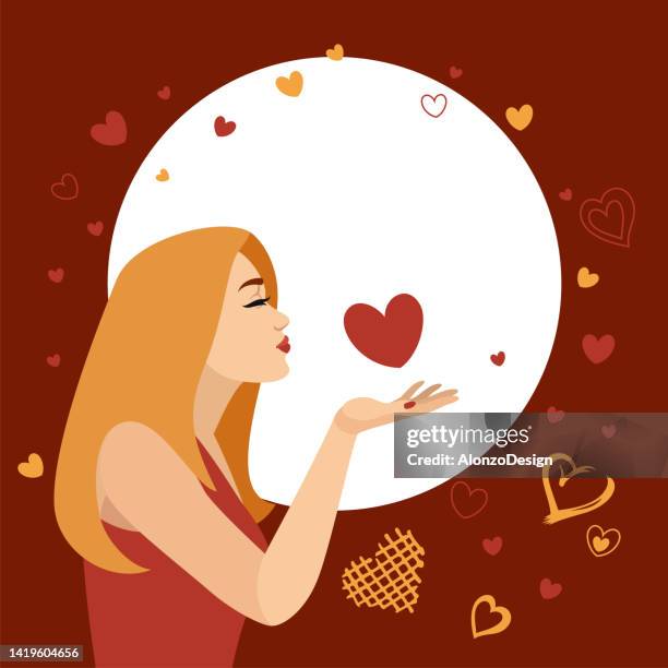 ilustraciones, imágenes clip art, dibujos animados e iconos de stock de hermosa joven soplando besos. mujer rubia. - enviar un beso