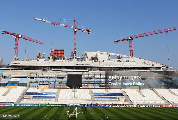 The team of Marseille in action during a Olympique Marseille training session ahead of their UEFA Champions League Round of 8 first leg match against...