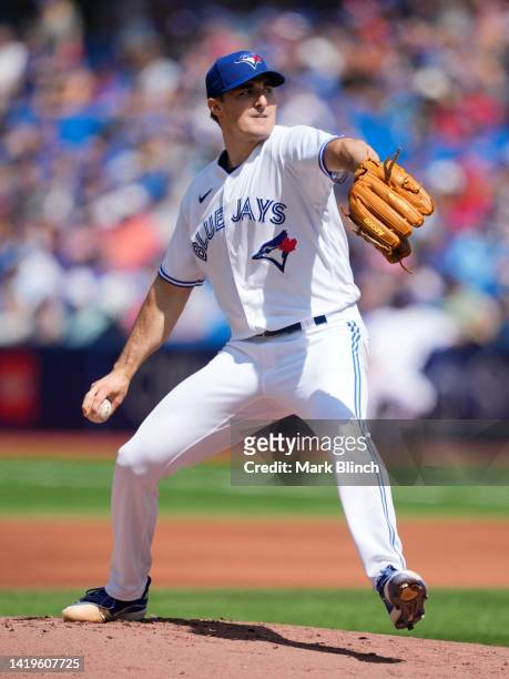 Ross Stripling of the Toronto Blue Jays pitches to the Los Angeles Angels in the second inning during their MLB game at the Rogers Centre on August...