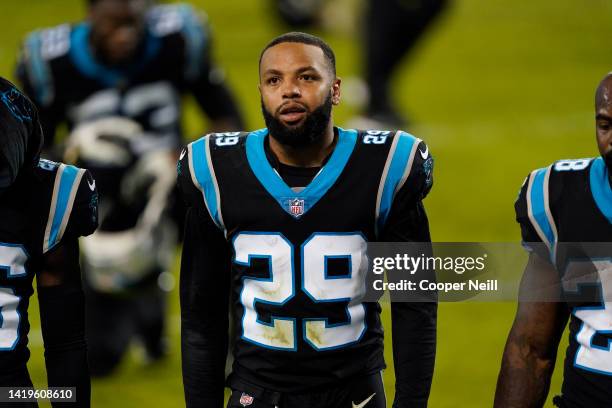 Corn Elder of the Carolina Panthers walks off the field after an NFL game against the Atlanta Falcons at Bank of America Stadium Stadium on October...