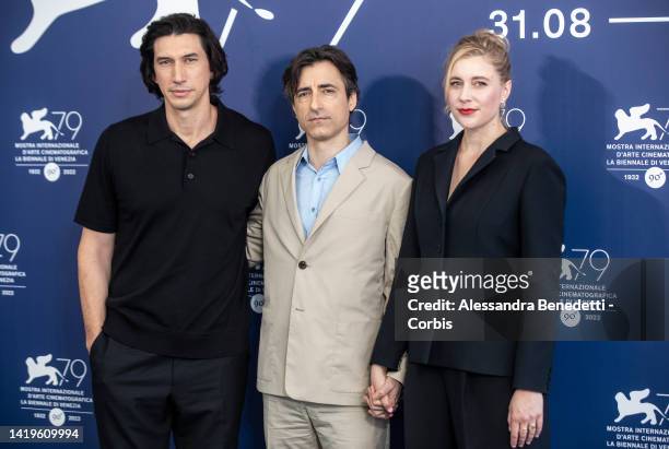 Adam Driver, Noah Baumbach and Greta Gerwig attend the photocall for "White Noise" at the 79th Venice International Film Festival on August 31, 2022...
