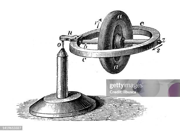 antique illustration, physics principles and experiments: gyroscope - gyroscope stock illustrations