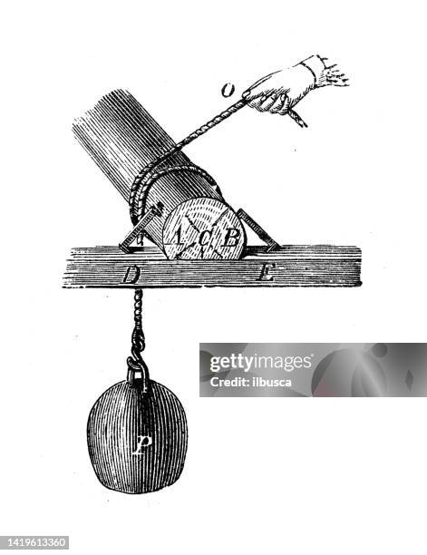 antique illustration, physics principles and experiments: friction - pulley stock illustrations