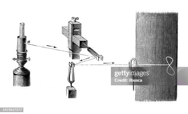 antique illustration, physics principles and experiments: sound and vibrations, diapason tuning - tuning stock illustrations