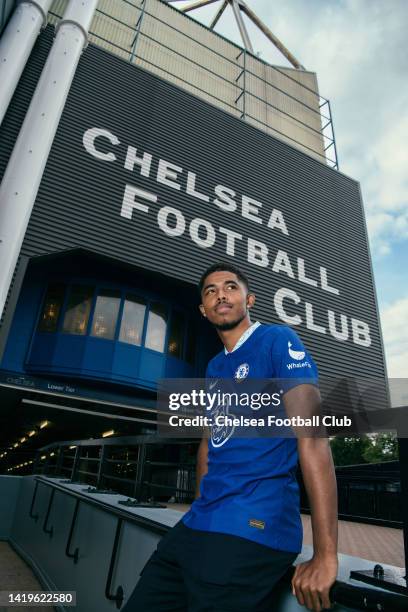 Wesley Fofana of Chelsea poses for a photograph as he signs for Chelsea at Stamford Bridge on August 31, 2022 in Cobham, England.