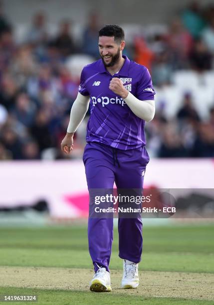 Wayne Parnell of Northern Superchargers Men celebrates the wicket of Alex Davies of Southern Brave Men during The Hundred match between Northern...