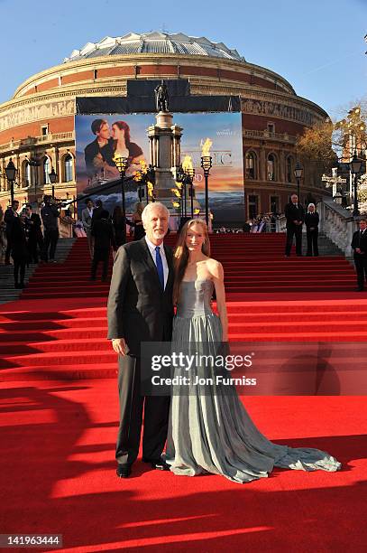 Director James Cameron and wife Suzy Amis attend the "Titanic 3D" world premiere at the Royal Albert Hall on March 27, 2012 in London, England.