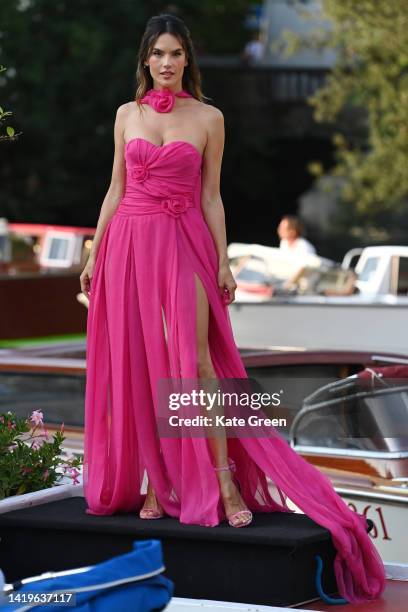 Alessandra Ambrosio is seen arriving at the Excelsior pier during the 79th Venice International Film Festival on August 31, 2022 in Venice, Italy.