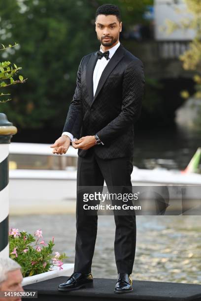 Regé-Jean Page is seen arriving at the Excelsior pier during the 79th Venice International Film Festival on August 31, 2022 in Venice, Italy.