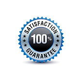 Very powerful Blue color 100% satisfaction guarantee badge isolated on white background. Vector illustration.