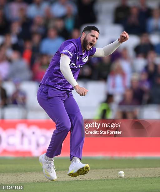 Superchargers bowler Wayne Parnell celebrates after taking the wicket of James Fuller during the Hundred match between Northern Superchargers and...