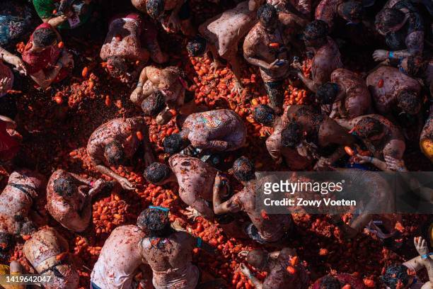 Revelers celebrate and throw tomatoes at each other as they participate in the annual Tomatina festival on August 31, 2022 in Bunol, Spain. The...