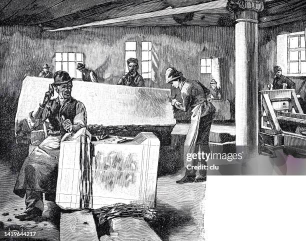 workshop of a stonemason - stone sculptor stock illustrations