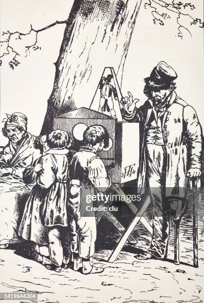 war invalid offering a peep box, boy looking into it - cabaret stock illustrations