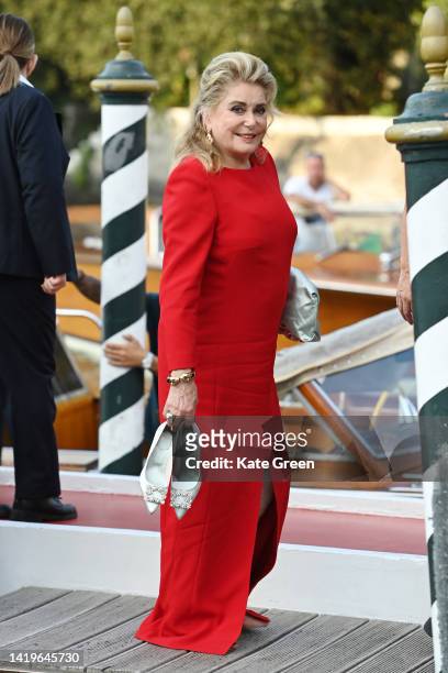 Catherine Deneuve is seen arriving at the Excelsior pier during the 79th Venice International Film Festival on August 31, 2022 in Venice, Italy.