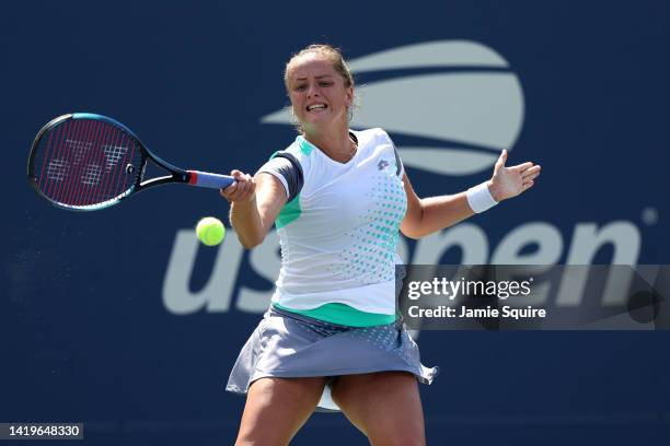 Viktoria Kuzmova of Slovakia plays a forehand against Shelby Rogers of the United States in their Women's Singles Second Round match on Day Three of...