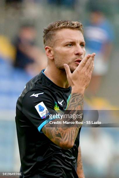 Ciro Immobile of SS Lazio celebrates a opening goal with his team mates during the Serie A match between UC Sampdoria and SS Lazio at Stadio Luigi...