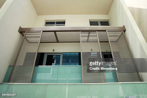 The balcony of a property unit is seen in a new apartment block at the Al Muneera development during a media tour organized by Aldar Properties PJSC,...
