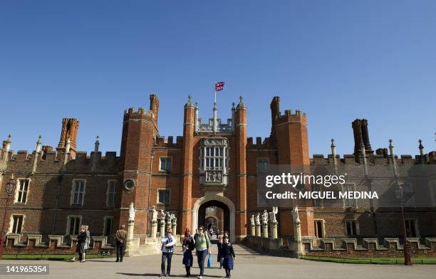 Picture shows a general view of the main entrance of the Hampton Court Palace in East Molesey, south west London on March 27, 2012. AFP PHOTO/ MIGUEL...