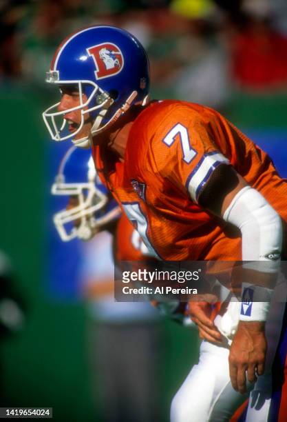 Quarterback John Elway of the Denver Broncos calls a play in the game between the Denver Broncos vs the New York Jets at The Meadowlands on September...