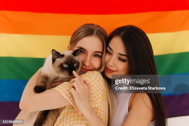 a gay couple in love smiles and hugs against the background of a rainbow flag, an lgbt symbol, standing on a white isolated background. space for text. portrait of two lesbian women cuddling with a pet cat - gay couple in love 個照片及圖片檔
