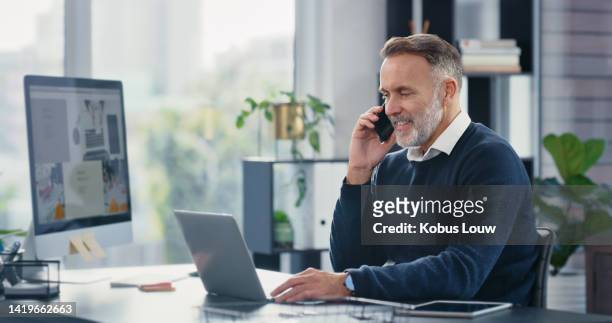 businessman, leader and ceo on phone call or phone talking on company business strategy in corporate office. leadership, executive and professional boss working at desk on management motivation plan - desk tablet phone monitor stock pictures, royalty-free photos & images