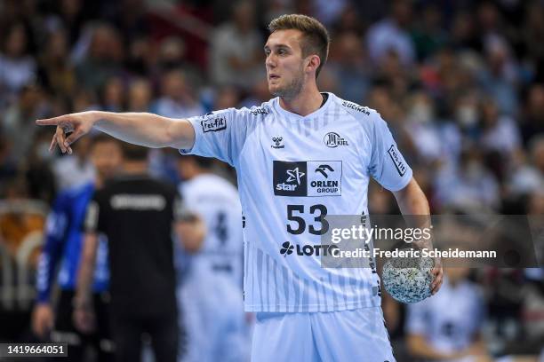 Nikola Bilyk of Kiel gives his team instructions during the PIXUM Super Cup 2022 match between SC Magdeburg v THW Kiel at PSD Bank Dome on August 31,...