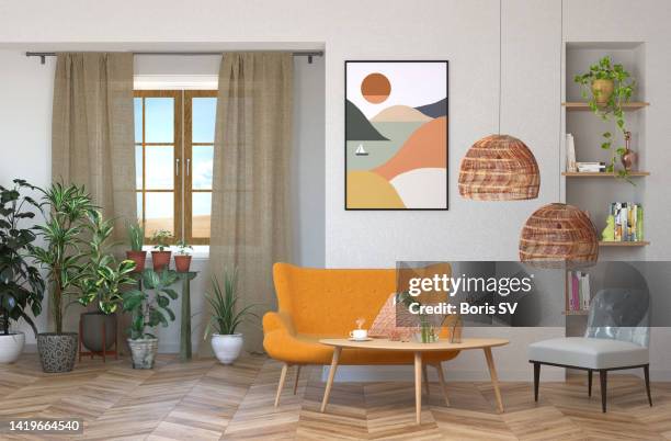 indoors mid-century house nearby wheat field - poster casa foto e immagini stock