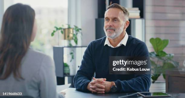 hr manager hiring during business job interview, meeting and discussion in corporate office. human resources employee, management and company man listening in conversation with candidate for vacancy - job centre stock pictures, royalty-free photos & images
