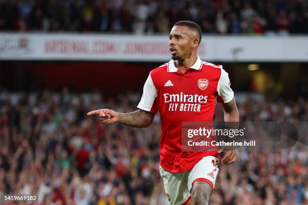 Gabriel Jesus of Arsenal celebrates scoring their side's first goal during the Premier League match between Arsenal FC and Aston Villa at Emirates...