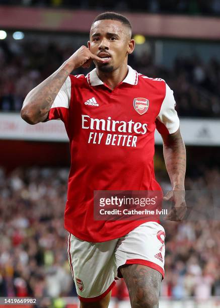 Gabriel Jesus of Arsenal celebrates scoring their side's first goal during the Premier League match between Arsenal FC and Aston Villa at Emirates...