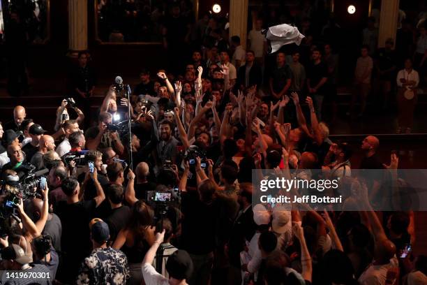 Fares Ziam of France holds an open training session for fans and media during during the UFC fight night open workout event at La Salle Wagram on...