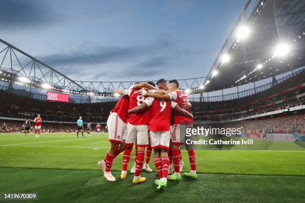 General view as Gabriel Jesus of Arsenal celebrates scoring their side's first goal with teammates during the Premier League match between Arsenal FC...