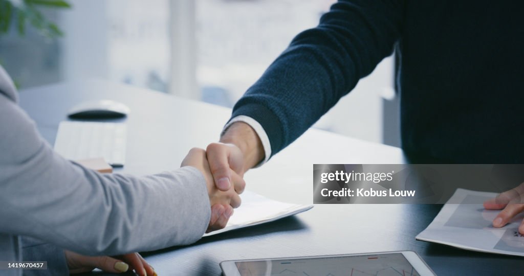 Business people handshake in an office for b2b, partnership contract and welcome at a business meeting. Boss, leader or manager hiring an employee in a corporate workplace and say thank you at work