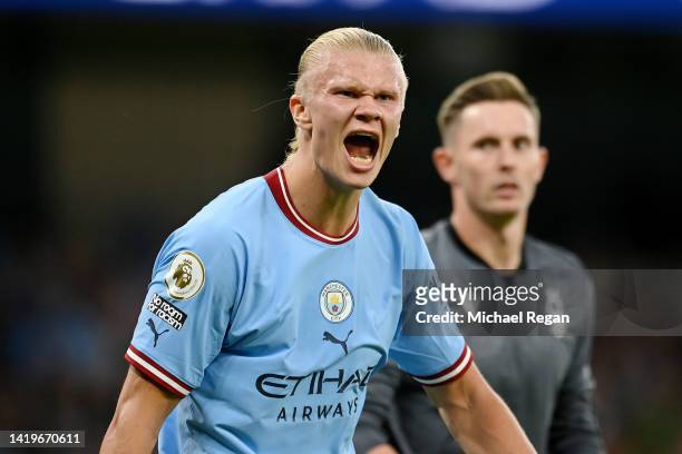 Erling Haaland of Manchester City celebrates after scoring their team's third goal during the Premier League match between Manchester City and...