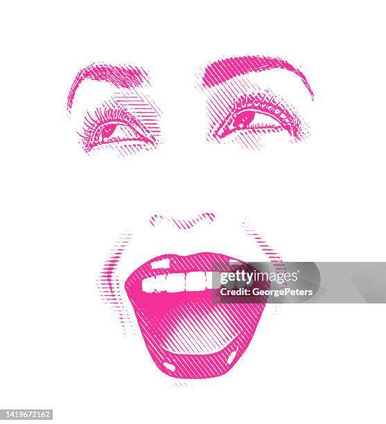 high key engraving of woman's eyes and lips, with happy expression - makeup smile laugh closeup female stock illustrations
