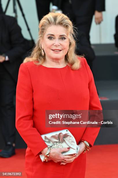 Catherine Deneuve attends the "White Noise" and opening ceremony red carpet at the 79th Venice International Film Festival on August 31, 2022 in...