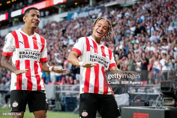 Xavi Simons of PSV celebrates after scoring his sides sixth goal during the Dutch Eredivisie match between PSV and FC Volendam at the Philips Stadion...