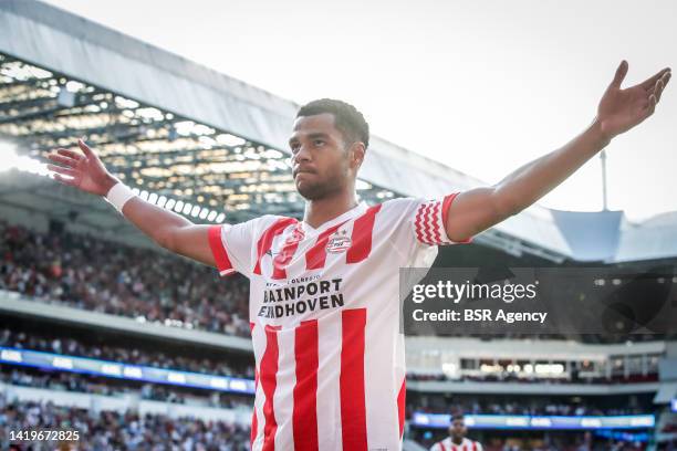 Cody Gakpo of PSV celebrates after scoring his sides third goal during the Dutch Eredivisie match between PSV and FC Volendam at the Philips Stadion...